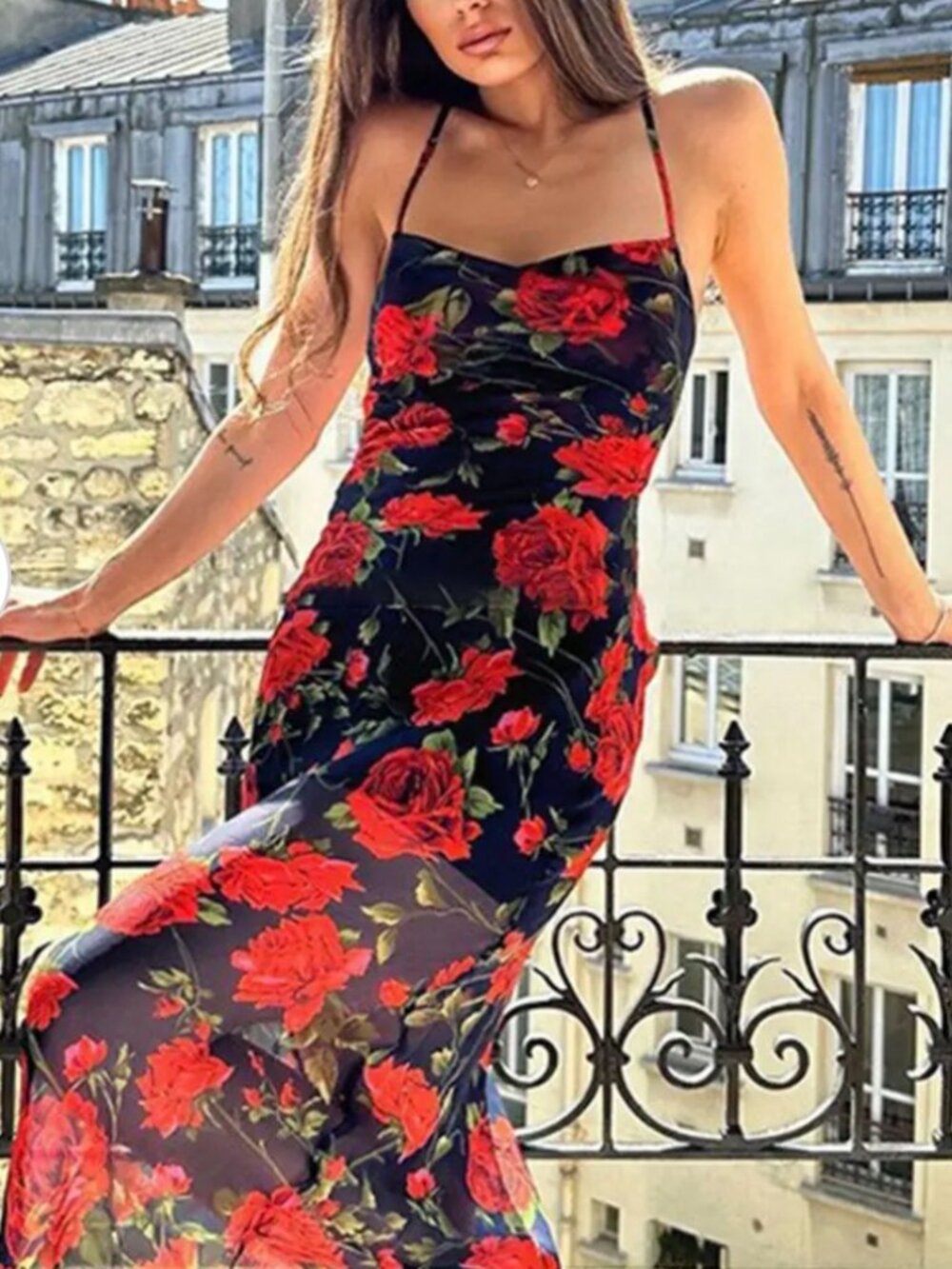 Red/black cross back high slit dress